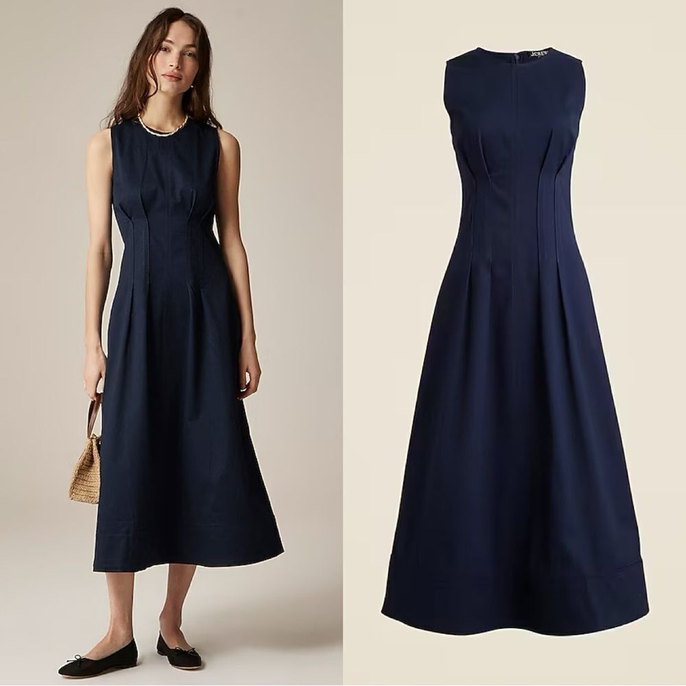 NWT J CREW Pintuck midi dress in stretch twill in navy - Picture 1 of 7